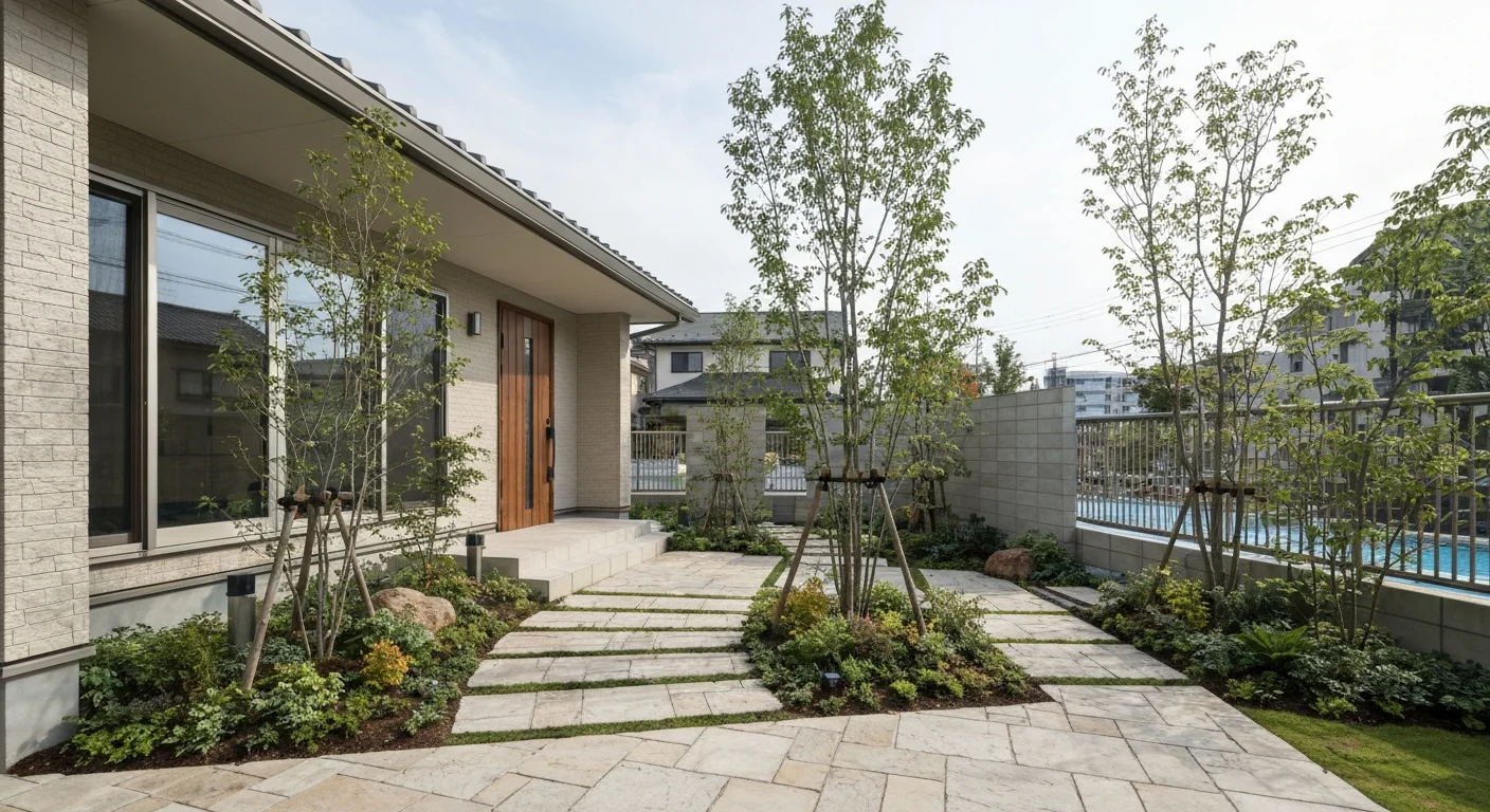 植栽と外構が調和した施工後の住まいの外まわり